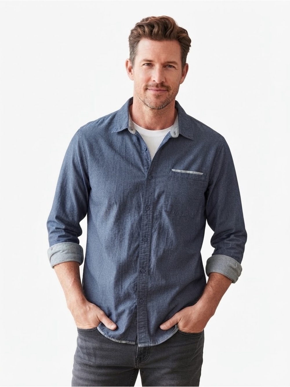 Toad&Co Men's XL Yonder Long Sleeve Button Down Shirt Chambray Organic Cotton